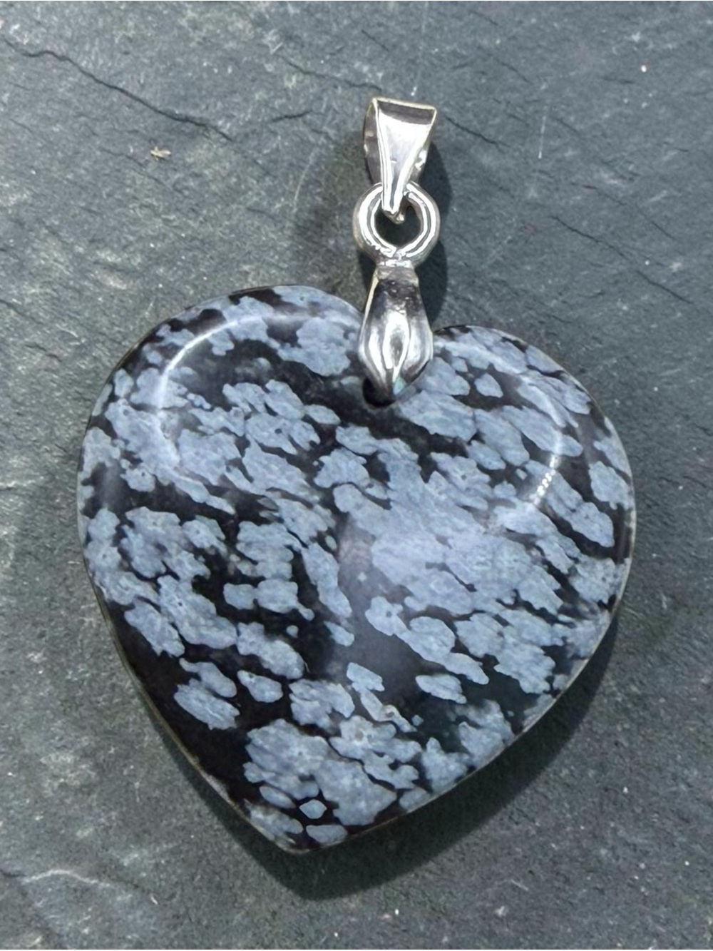Heart Shaped Snowflake Obsidian Pendant in Black and Gray Gold Plated
